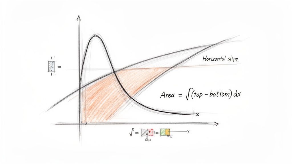 Calculus graph showing the area between two functions, calculated with the integral of top minus bottom.