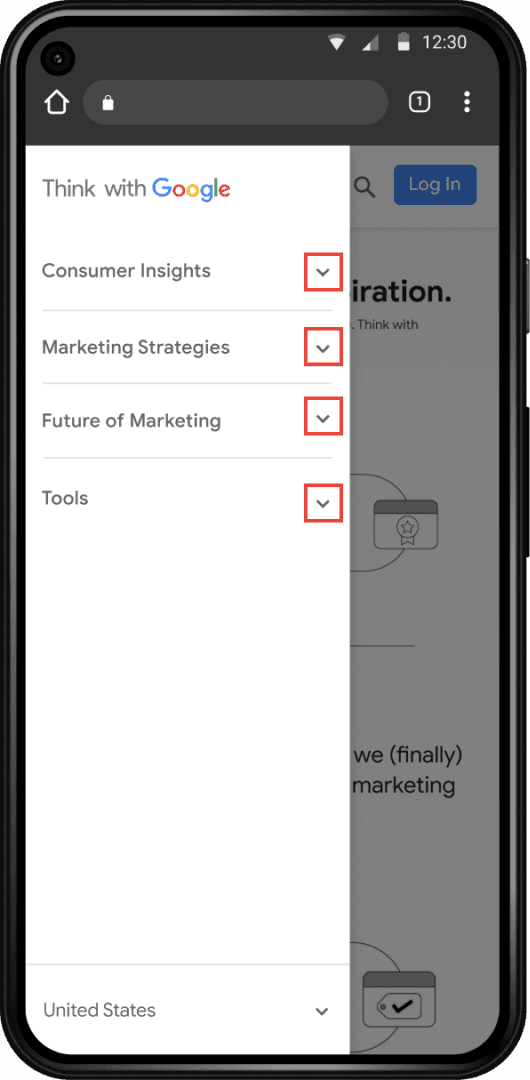 Mobile screen display of the Think with Google home page