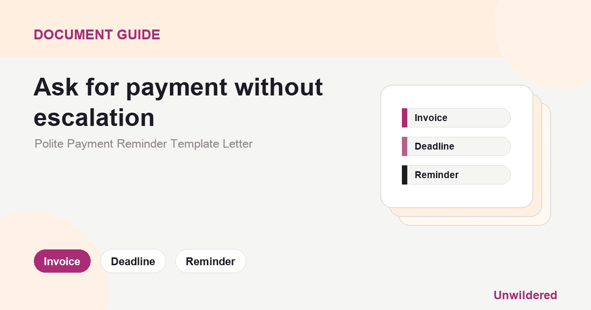 Explainer card for Polite Payment Reminder Template Letter: Invoice, Deadline, Reminder.