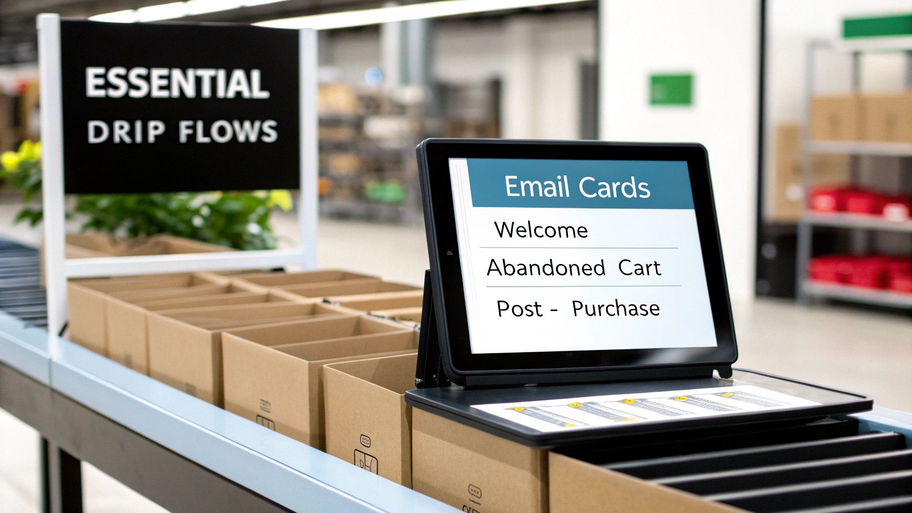 A conveyor belt with boxes, an 'ESSENTIAL DRIP FLOWS' sign, and a tablet showing email marketing cards: Welcome, Abandoned Cart, Post-Purchase.