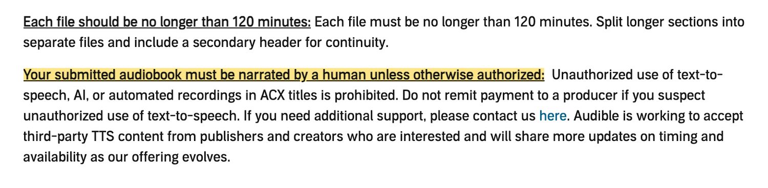 ACX’s audio submission requirements, with the human narration rule highlighted
