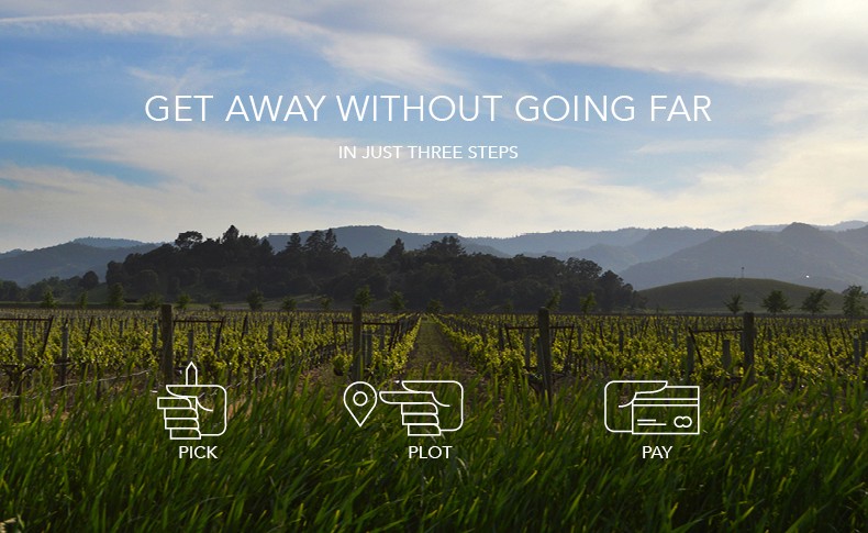 A vineyard with rows of green vines stretches toward a distant line of trees under a partly cloudy sky. Text above the image reads “GET AWAY WITHOUT GOING FAR IN JUST THREE STEPS.” Three icons below show “PICK,” “PLOT,” and “PAY,” each with a hand gesture icon.