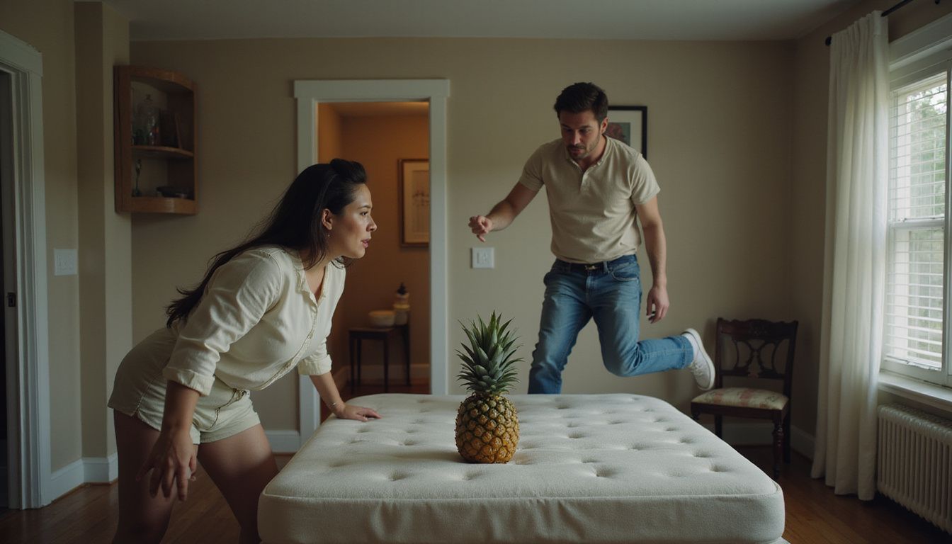 A couple humorously inspects a pristine vacation rental while a decorative pineapple observes their playful antics.