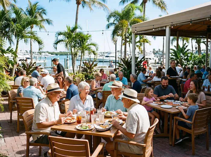 A busy Bradenton restaurant terrace full of diners on a sunny winter afternoon during snowbird season.