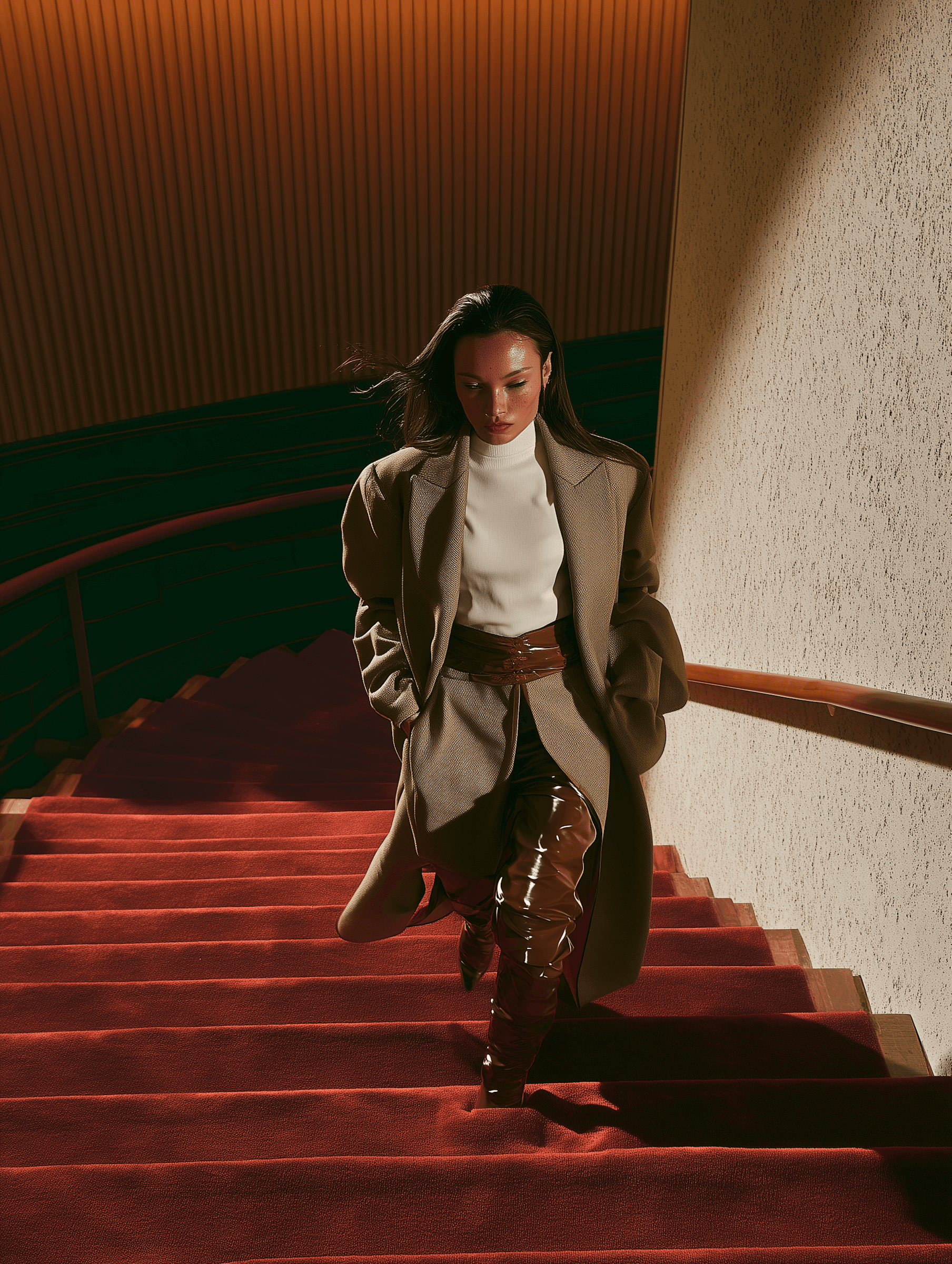 A stylish woman in a beige coat and glossy boots ascends a red-carpeted staircase under dramatic lighting.