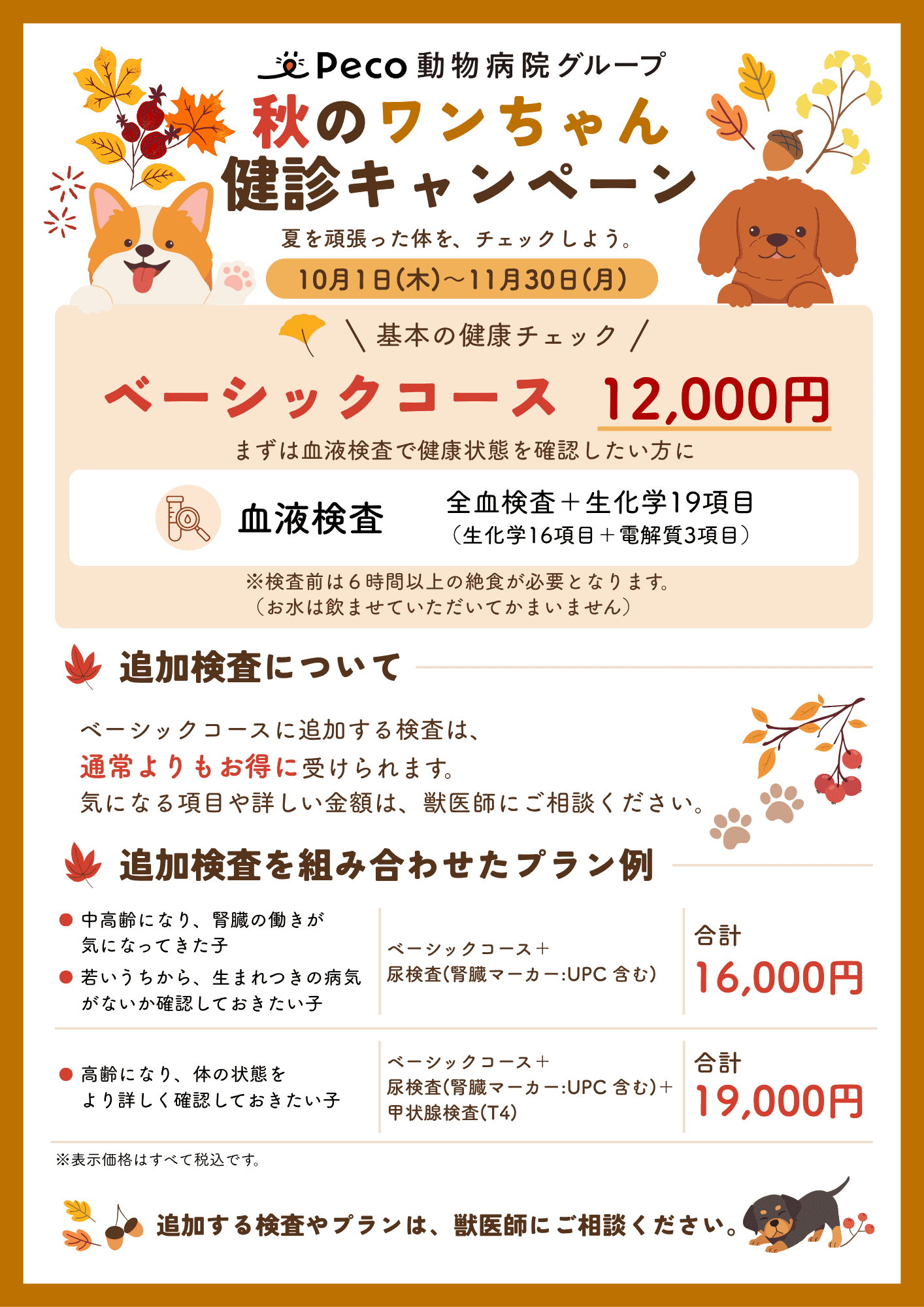 "秋の健康診断キャンペーン（ライトコース7,480円、スタンダード9,480円、プレミアム12,980円、オプション検査あり）"