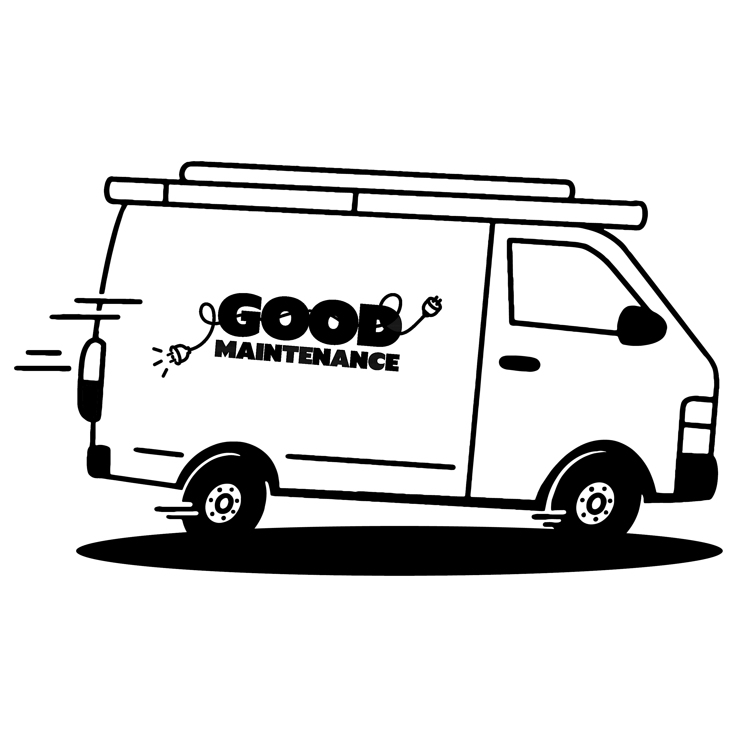 A cute line illustration of a Good Maintenance van with an electrical cord on the side