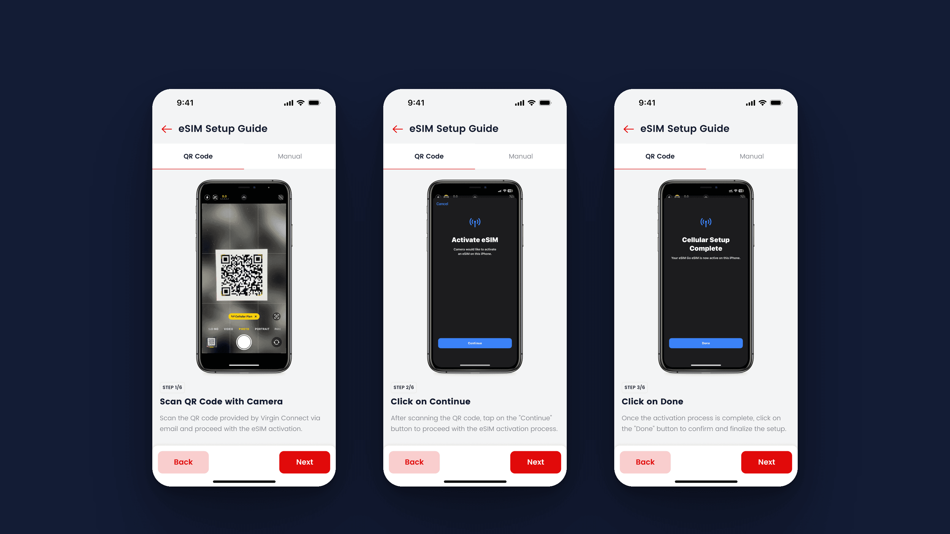 The iOS install guide, steps one to three: scan the QR code, activate the eSIM and finish setup