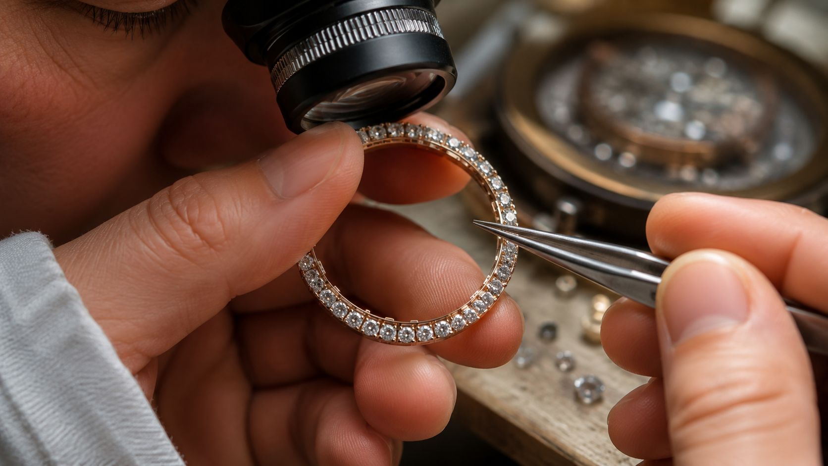 A jeweler meticulously examining a diamond-encrusted rose gold watch bezel with a magnifying loupe and tweezers.