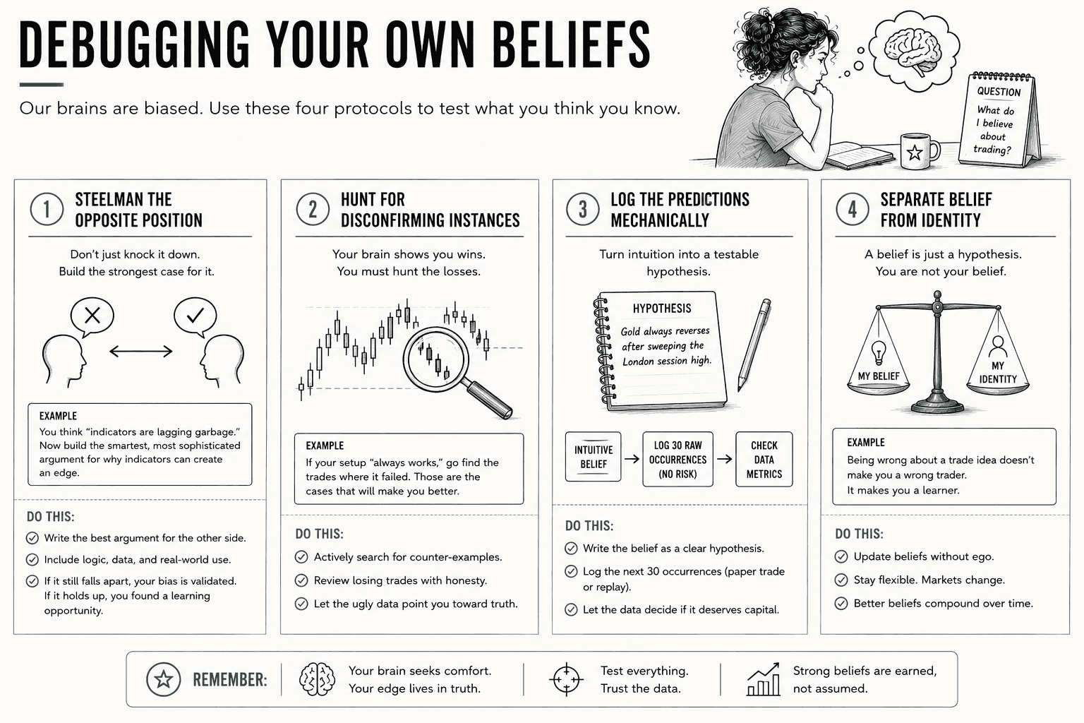 A four-part framework showing how traders can challenge their own assumptions through structured critical thinking. The infographic explains how to steelman opposing viewpoints, search for disconfirming evidence, log predictions before trading, and separate personal identity from trading beliefs to improve decision-making.