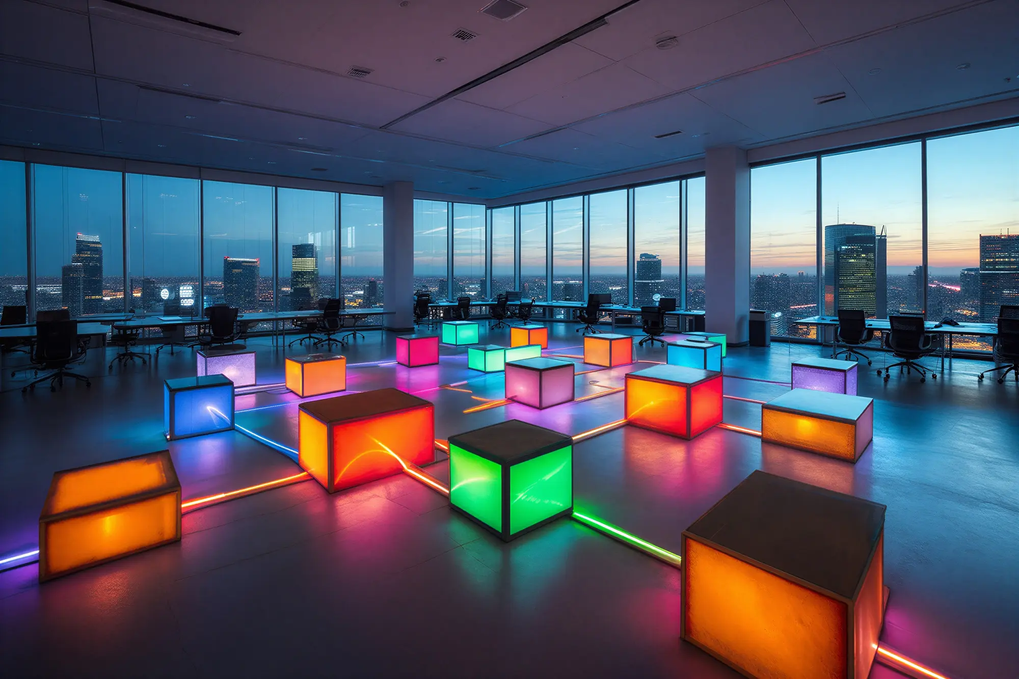 Modern business office with abstract connected objects representing how reliable connectivity Improves Big Telecom