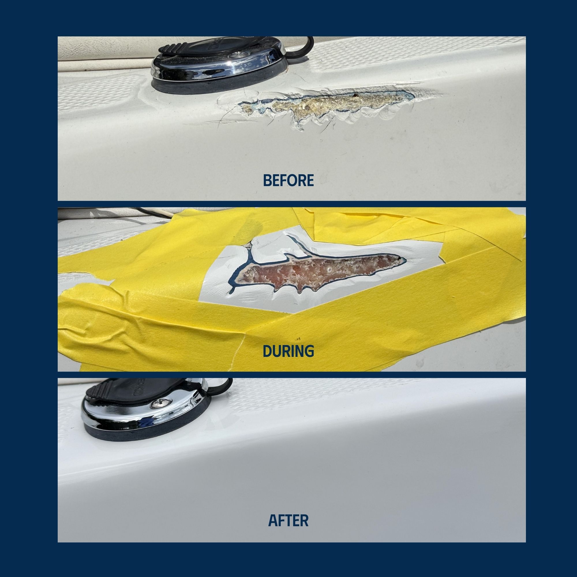 3 images stacked showing the before and after progress of a gel coat and fiberglass repair