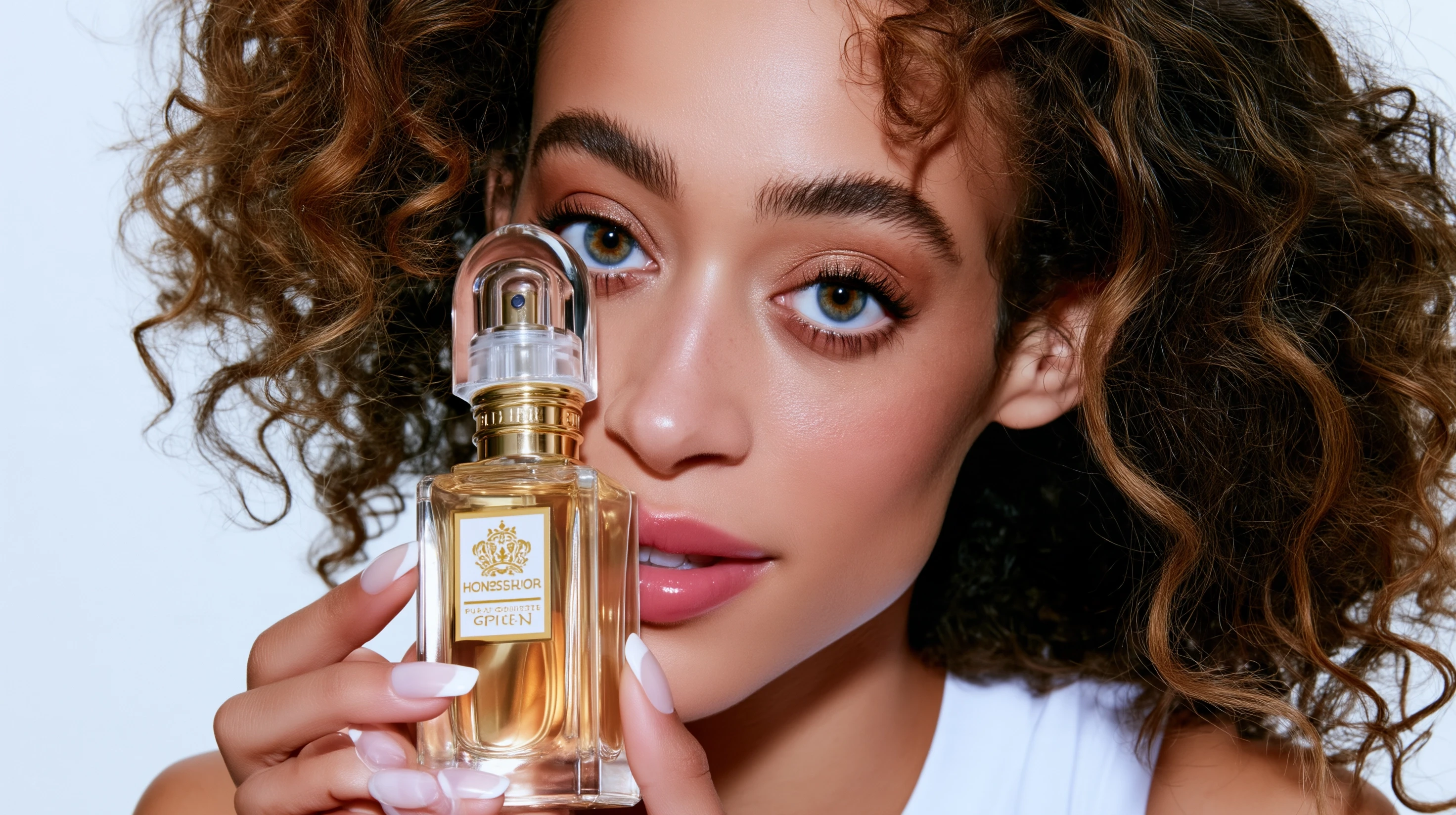 Woman holding a rectangular perfume bottle beside her face, with a gold neck and clear rounded cap.
