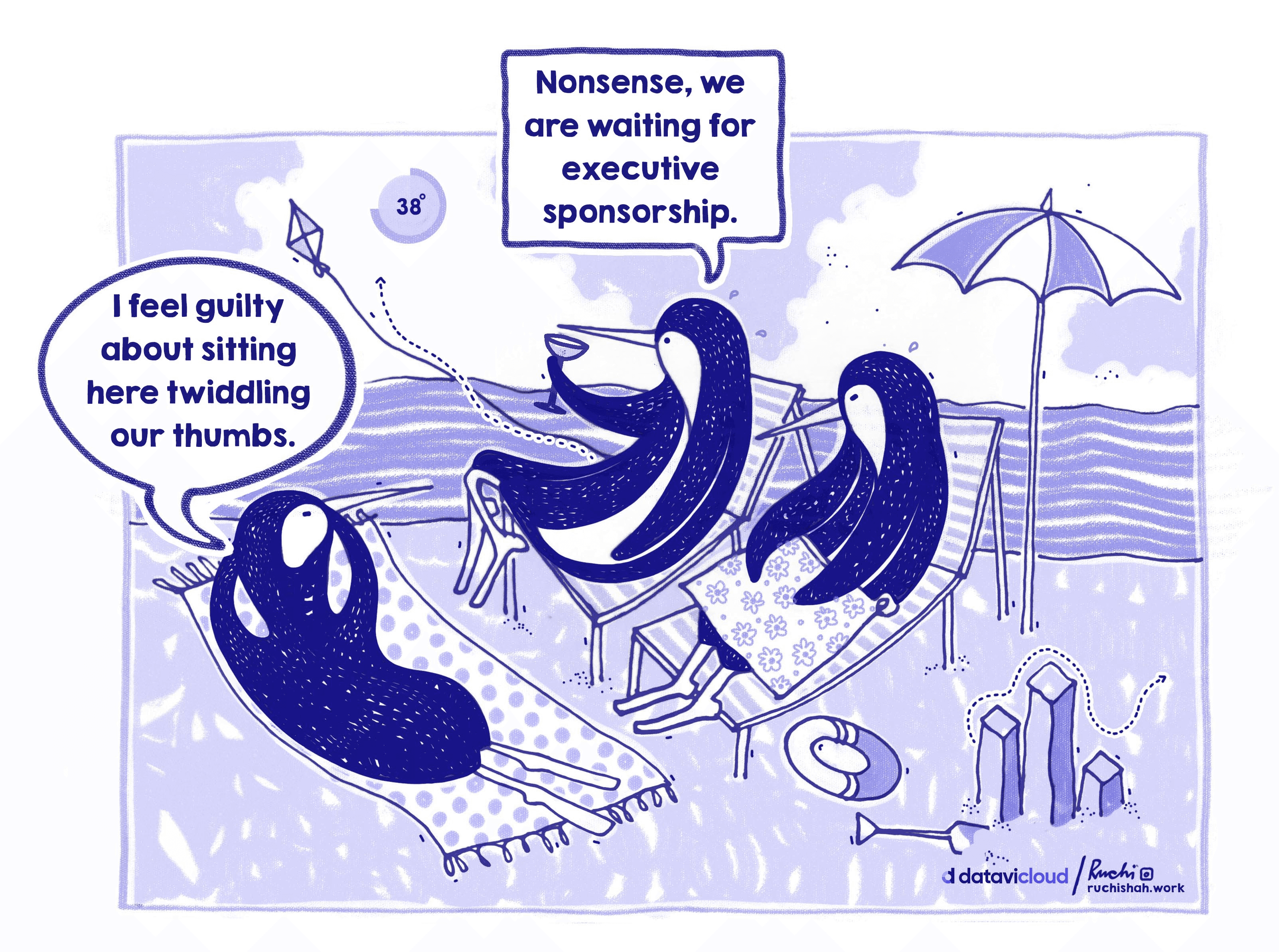 Team waiting on the beach while a data project is delayed due to executive sponsorship and approval paralysis