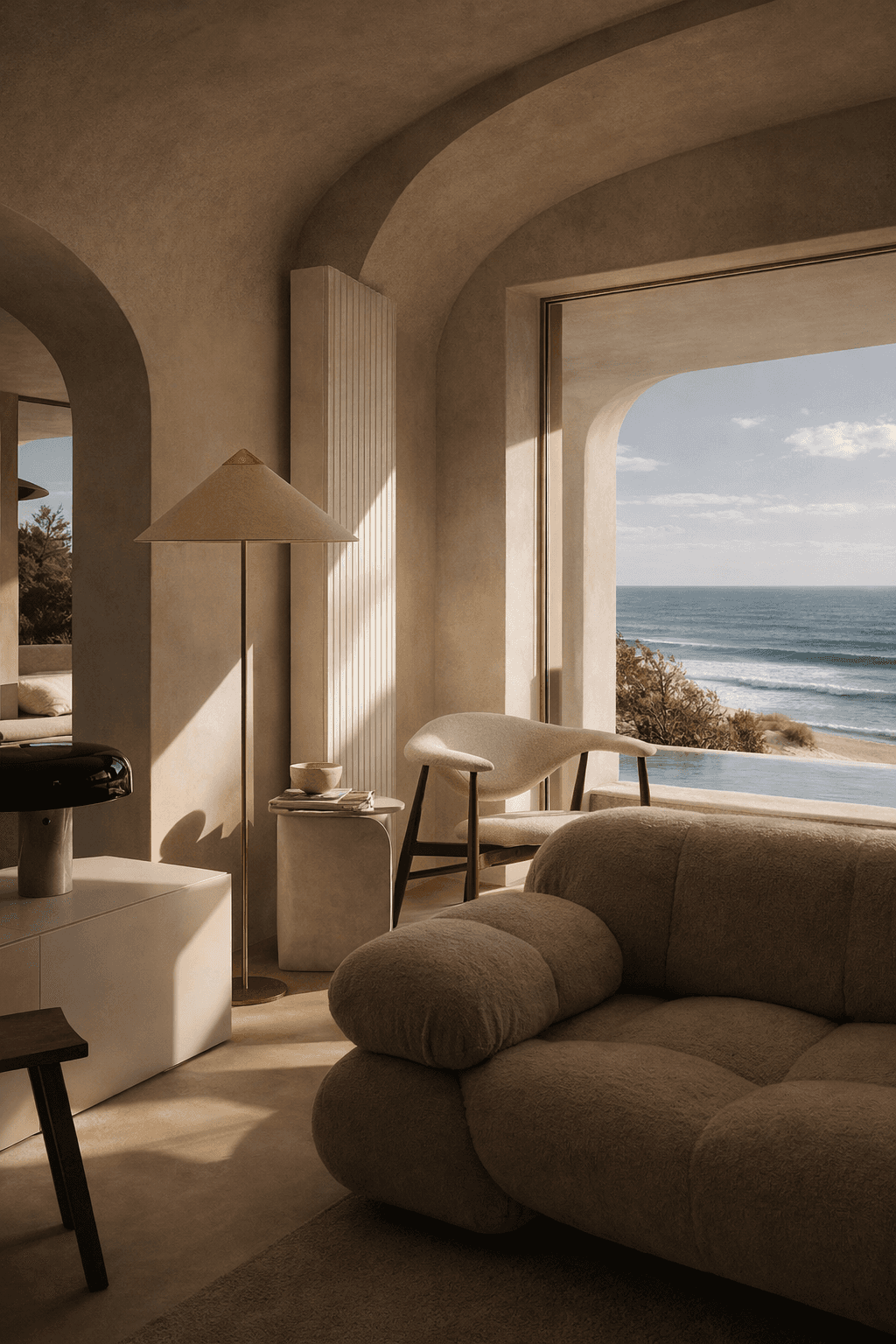 Terracotta stucco space with intersecting arches and warm sunlight creating geometric shadows.