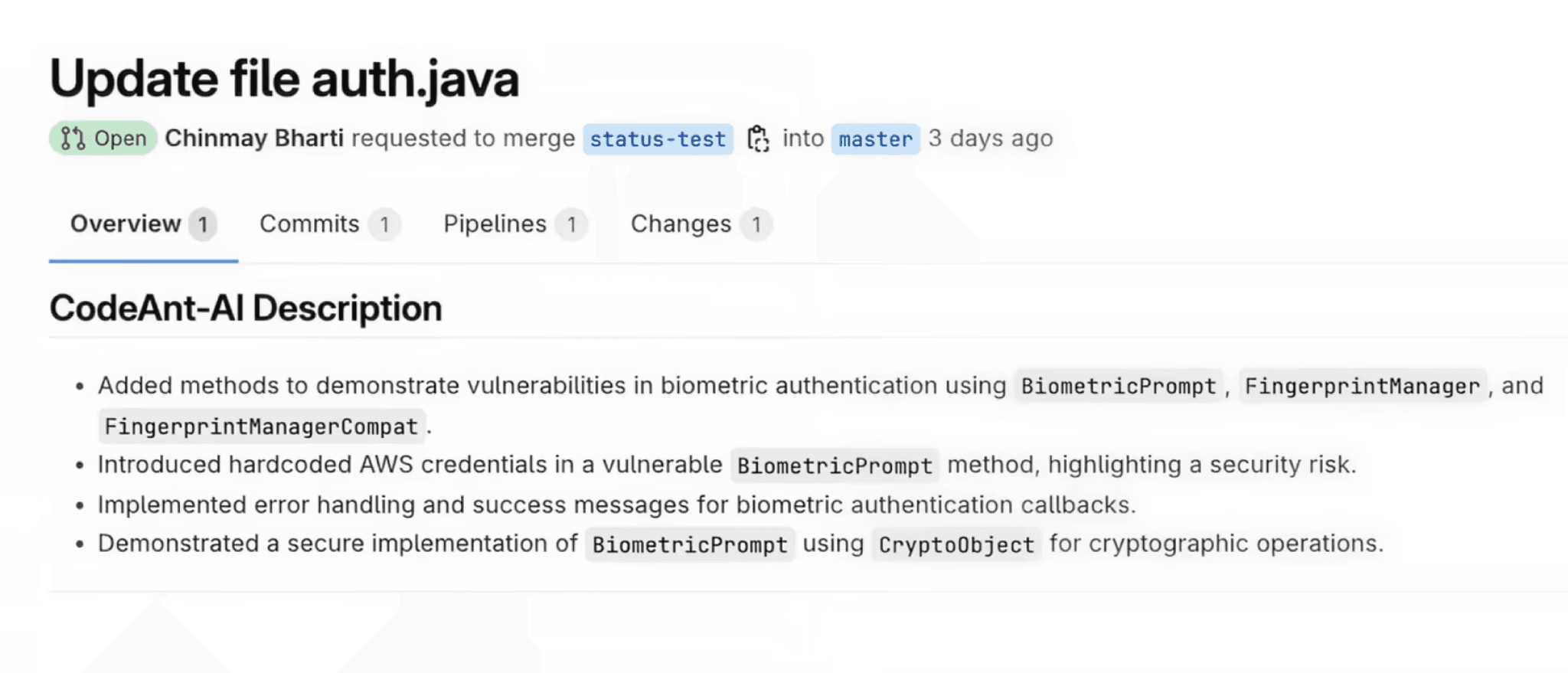 CodeAnt AI merge request summary on a GitLab merge request