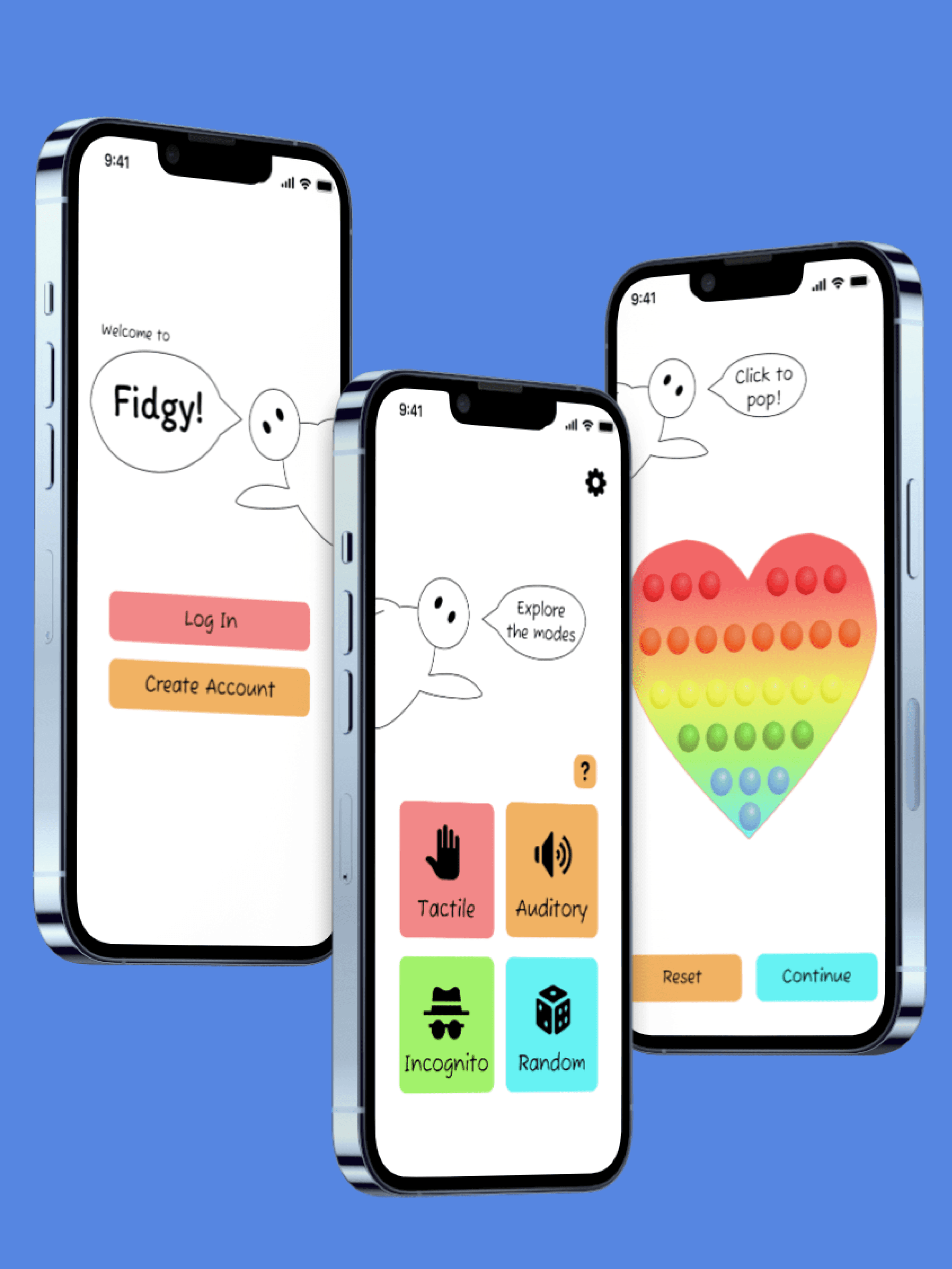 Three screens of the app Fidgy - the home screen, selecting between modes of interaction, and heart pop-it activity