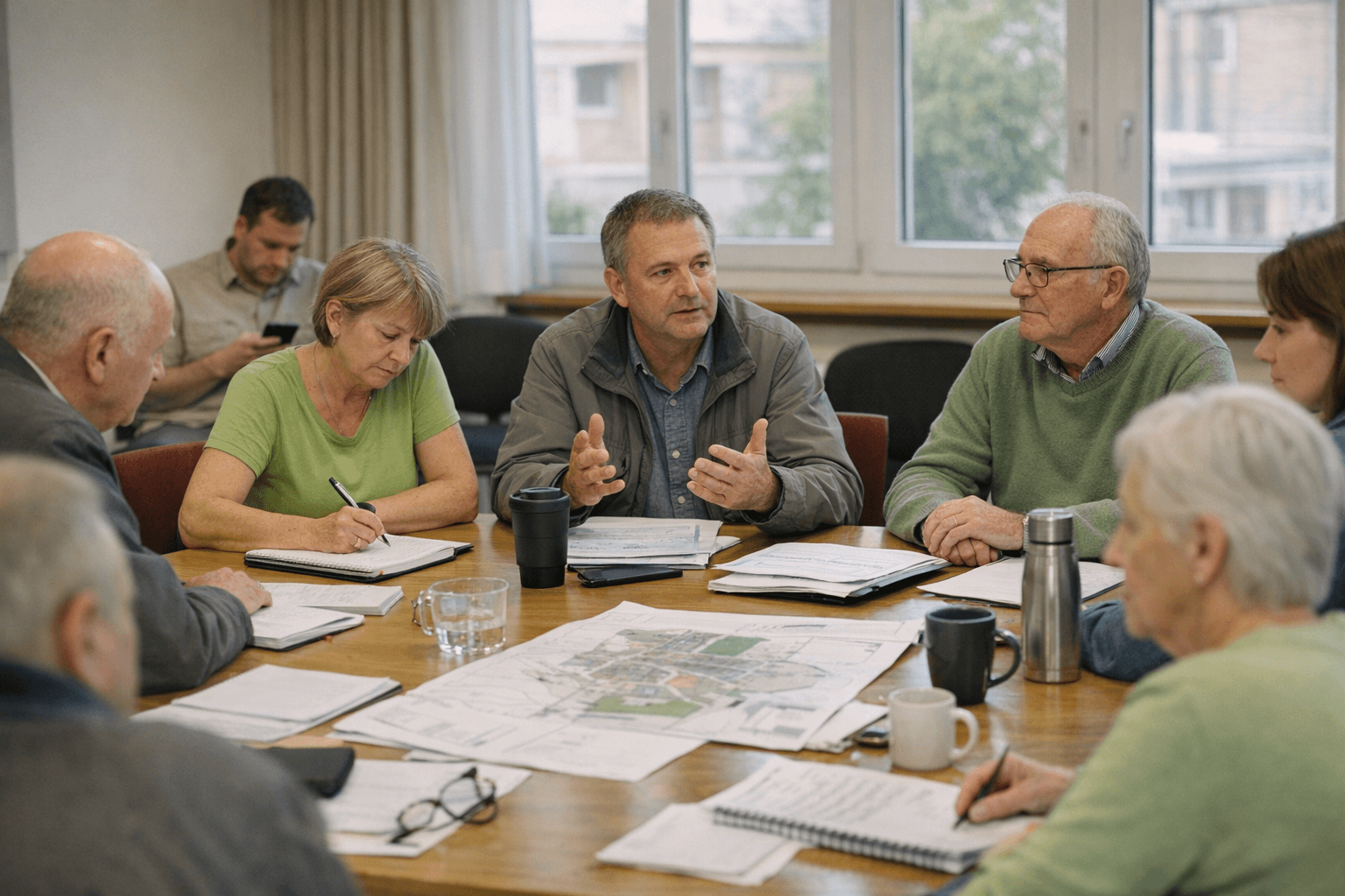 Kommunale Beteiligungsrunde mit Bürgerinnen, Bürgern und Verwaltungsmitarbeitenden an einem Tisch, Diskussion über Planungsunterlagen in einem Besprechungsraum.