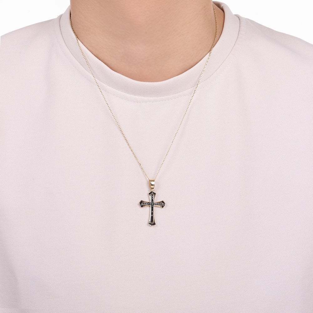 Assos Pırlanta 14 Ayar Altın Siyah Taşlı Erkek Haç Kolye Ucu