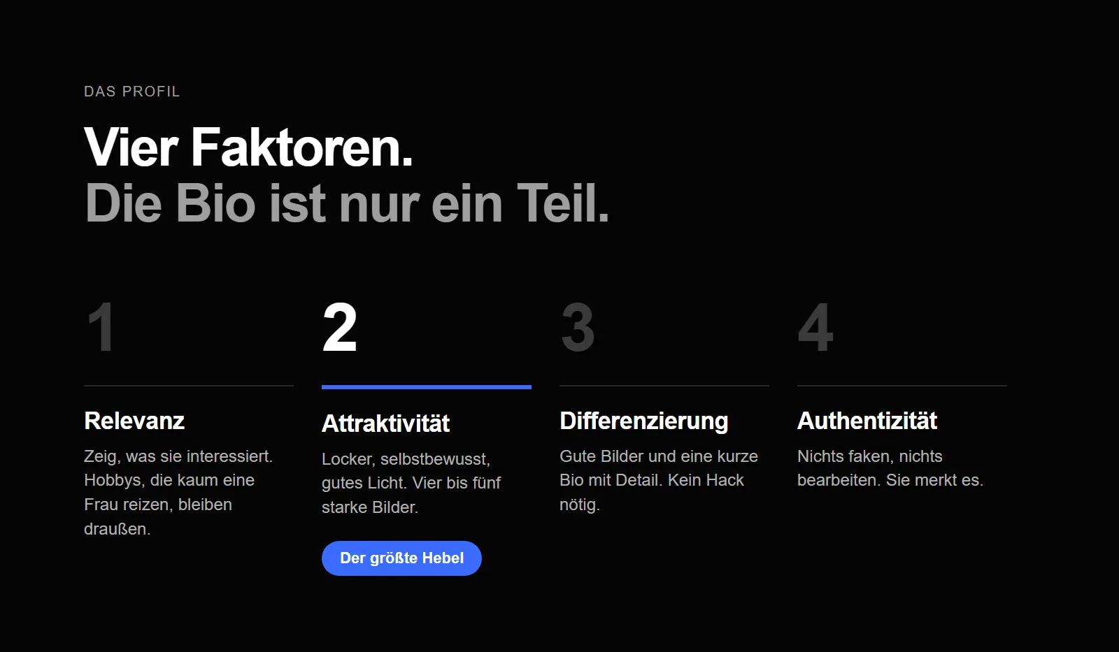 Vier Faktoren eines guten Tinder-Profils: Relevanz, Attraktivität, Differenzierung, Authentizität, wobei die Bilder am wichtigsten sind