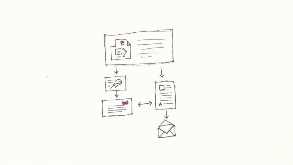 Flowchart diagram showing document workflow process from files through authentication to email delivery