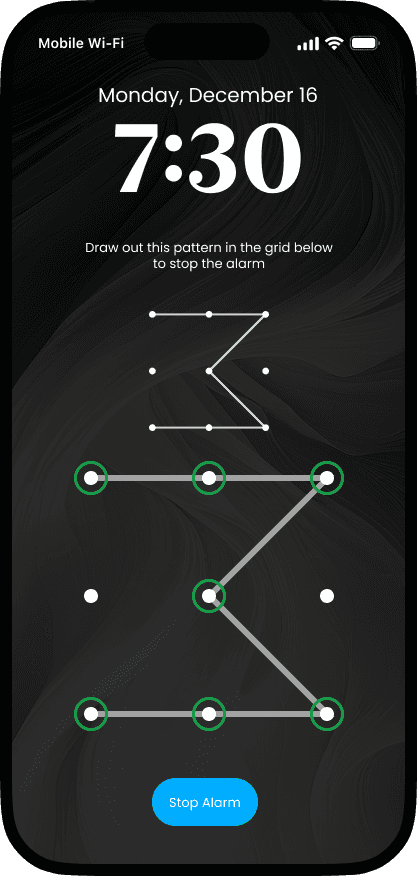 Correct pattern matching on a 3x3 grid showing green circles to signify a correct pattern match