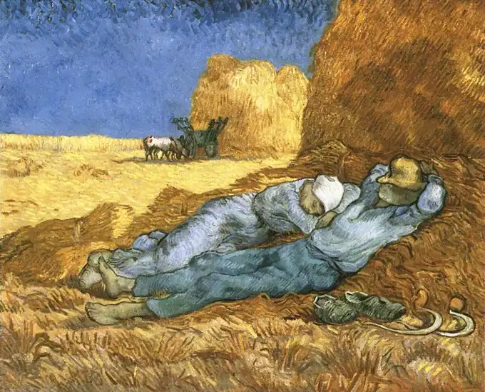 Mosaic wall art inspired by Van Gogh's "Afternoon Rest" after Millet, showcasing intricate mosaic cr.
