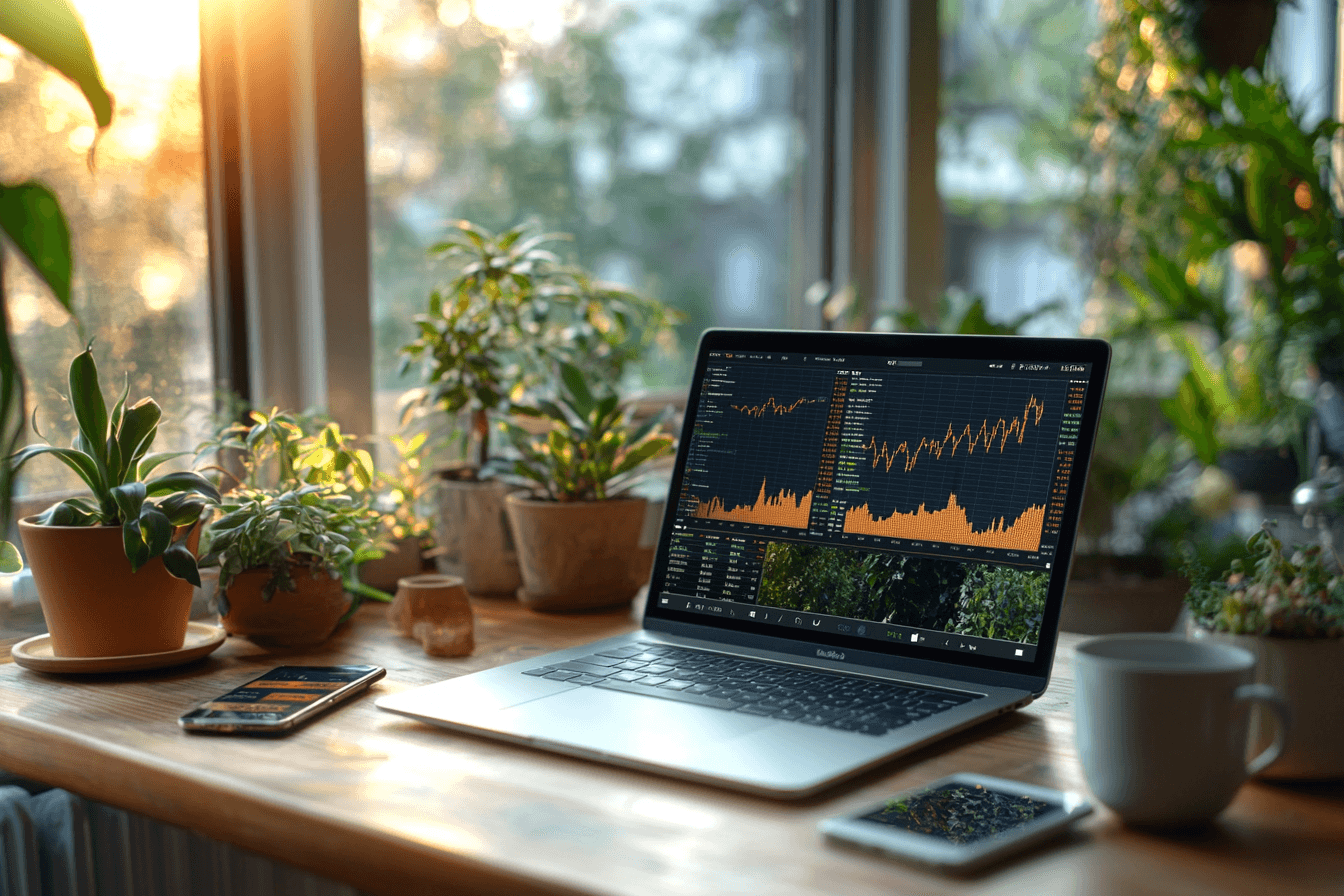 Natural lighting from left window, minimal desk setup with a smartphone showing exchange rates, 