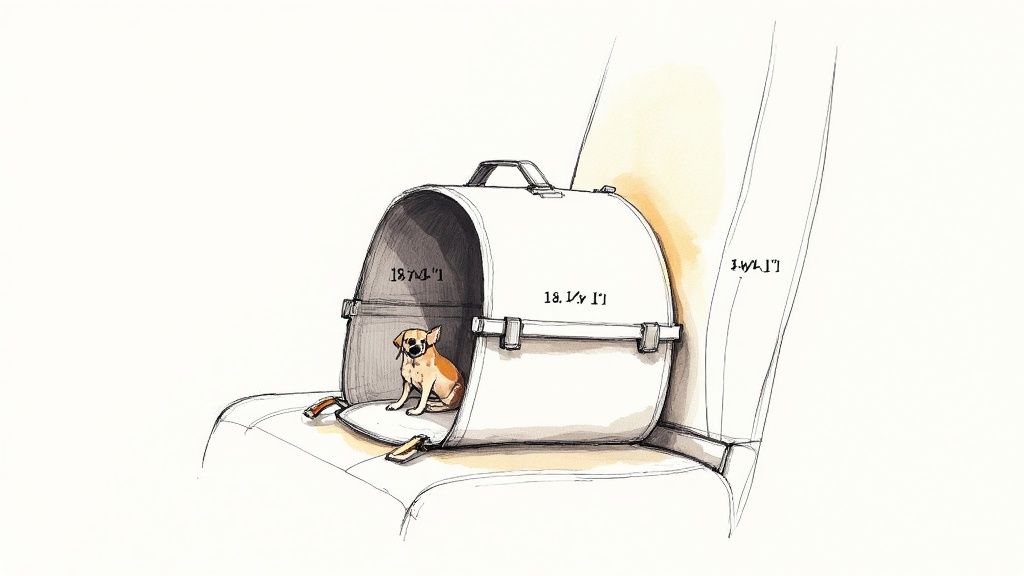 A happy dog looking out from an airline-approved soft-sided pet carrier.