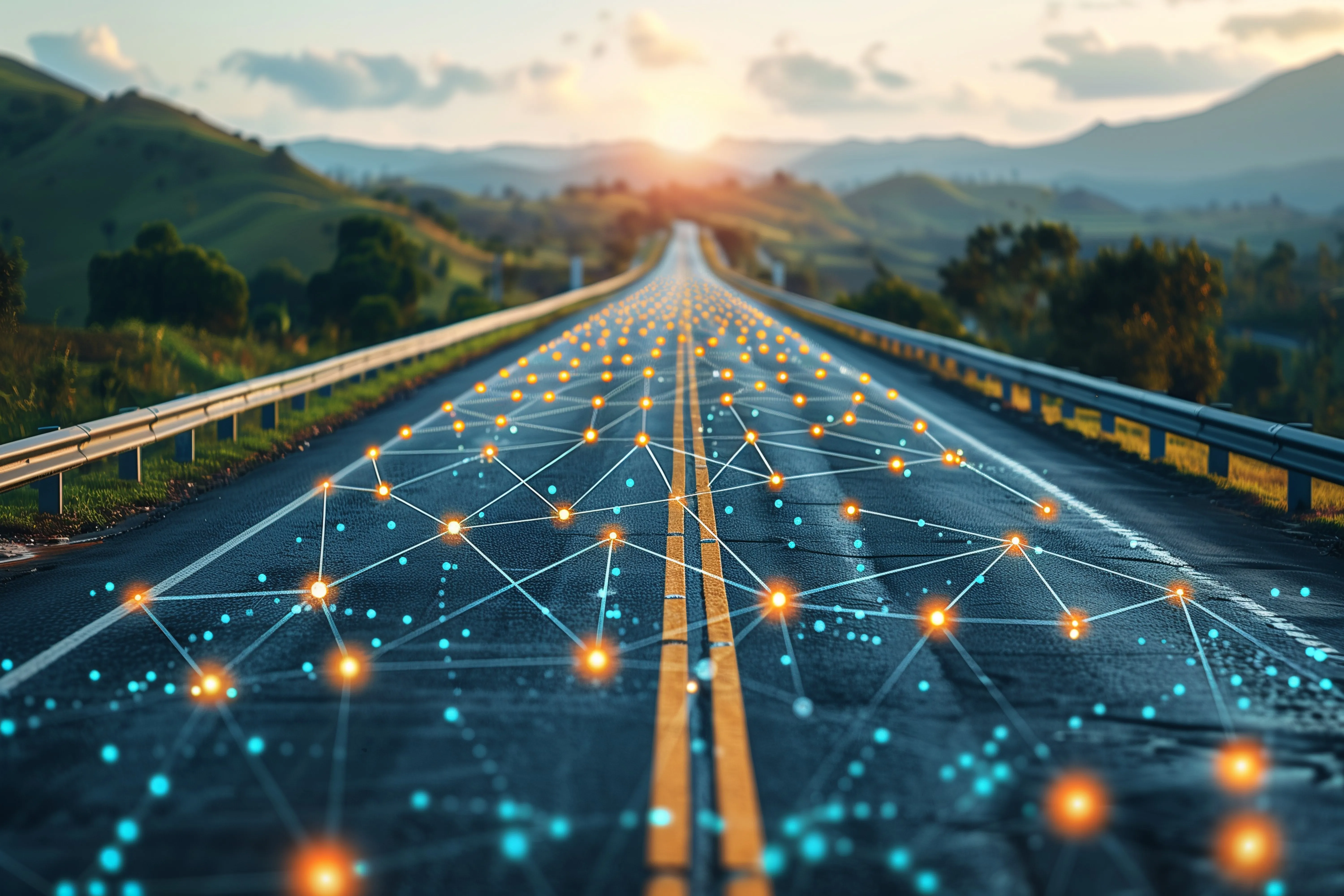 A highway at sunset with glowing digital network lines overlaying the road, symbolizing smart transportation.