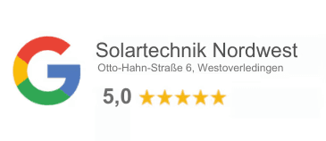 Google-Bewertungen für Solartechnik Nordwest mit 5,0 Sternen – ausgezeichnete Kundenbewertungen und höchste Zufriedenheit.