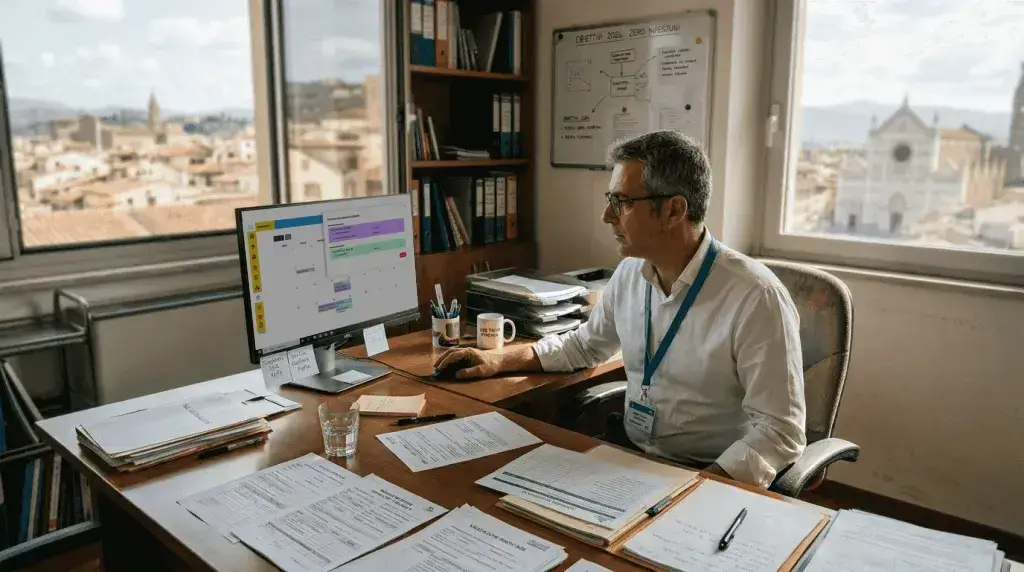 Area di lavoro per il responsabile HSE dedicata al monitoraggio delle scadenze normative tramite il software sicurezza sul lavoro