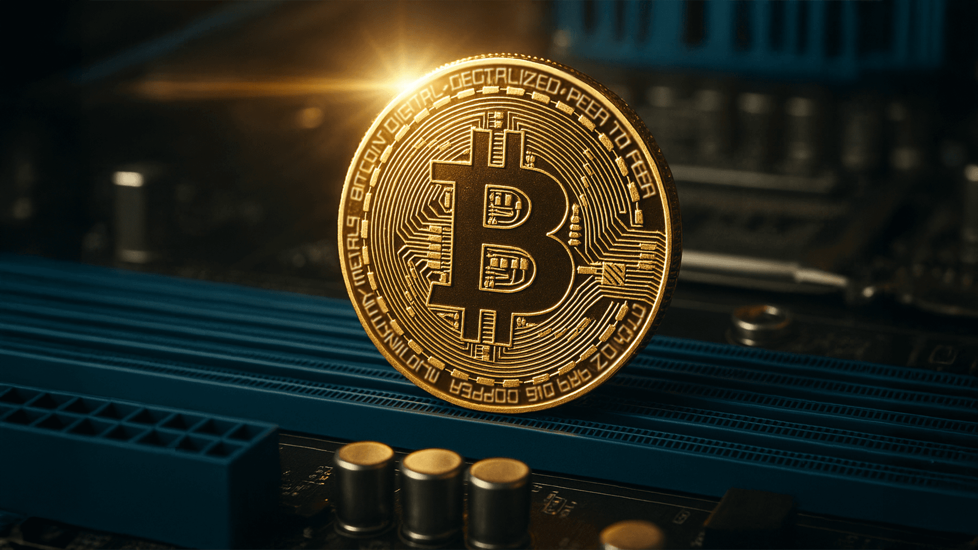 Gouden Bitcoin-munt die rechtop staat op een oppervlak met een donkere achtergrond.