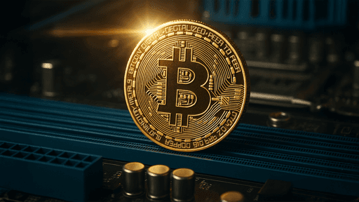 Gold Bitcoin coin standing upright on a surface with a dark background.