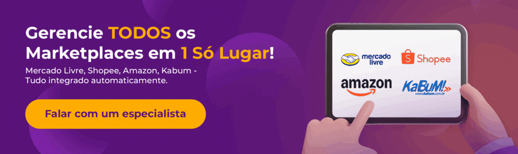 Gerencie TODOS os Marketplaces em 1 Só Lugar!
Mercado Livre, Shopee, Amazon, Kabum - Tudo integrado automaticamente.