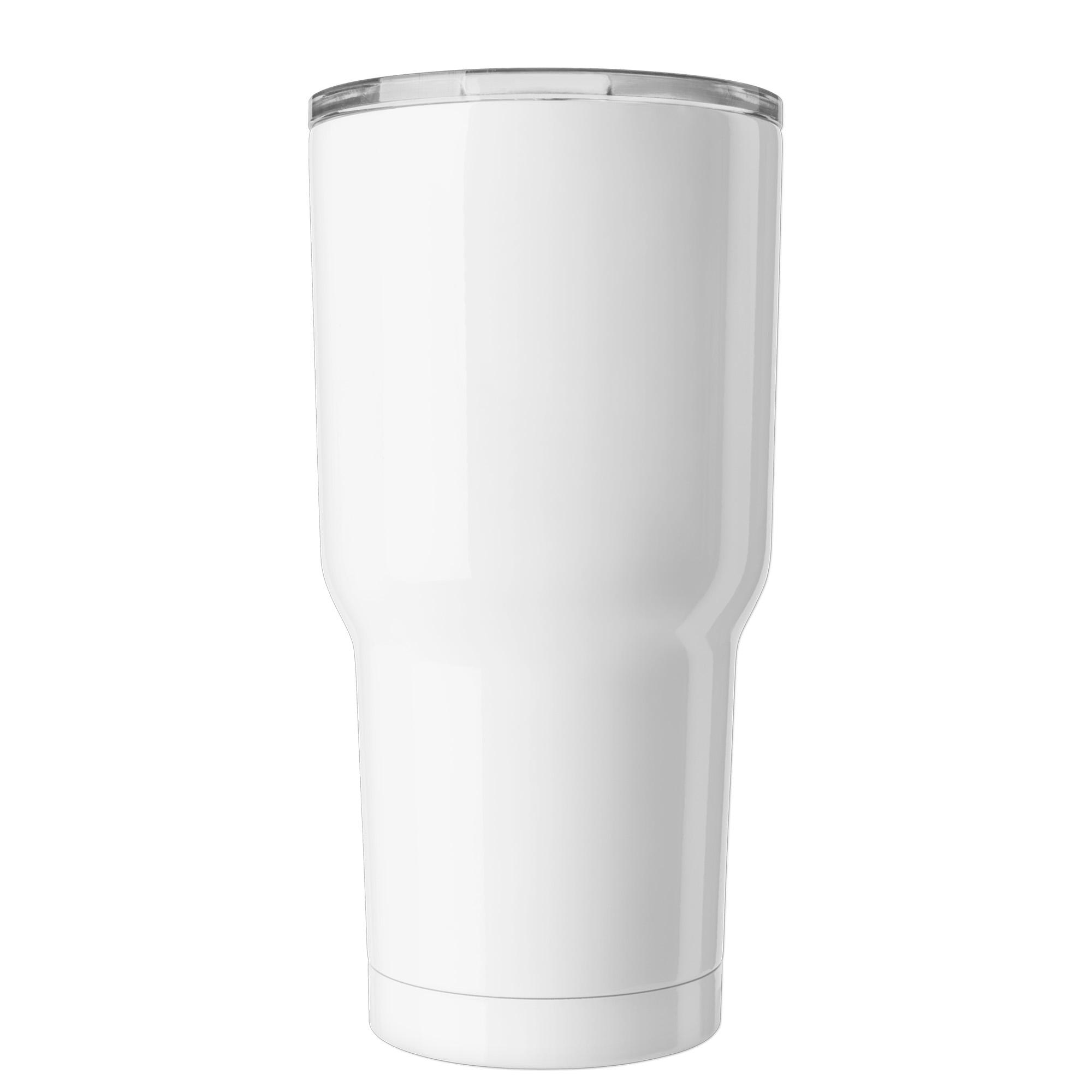 A tall, white, stainless steel tumbler with a clear lid is displayed against a plain white background.