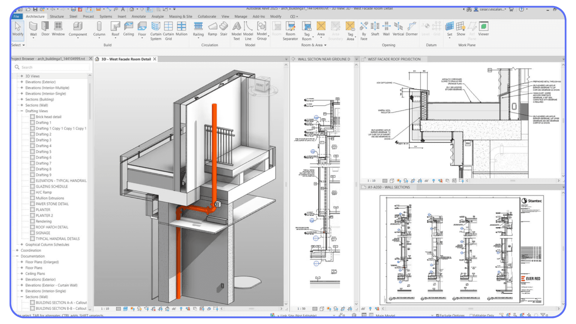 Revit wall section views and a 3D construction cutaway illustrating structural and MEP elements.
