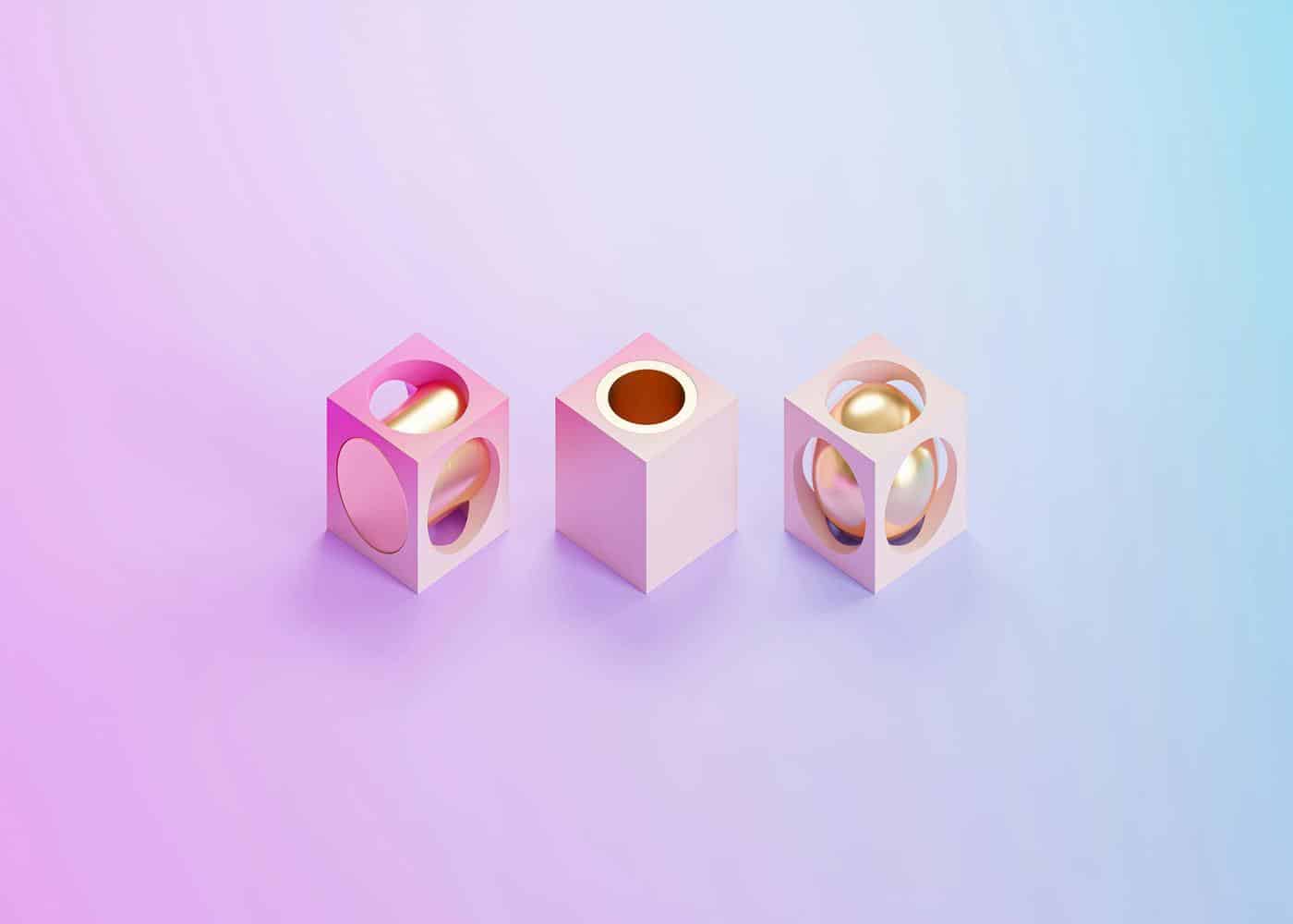 Animation of three distinct 3D cubes