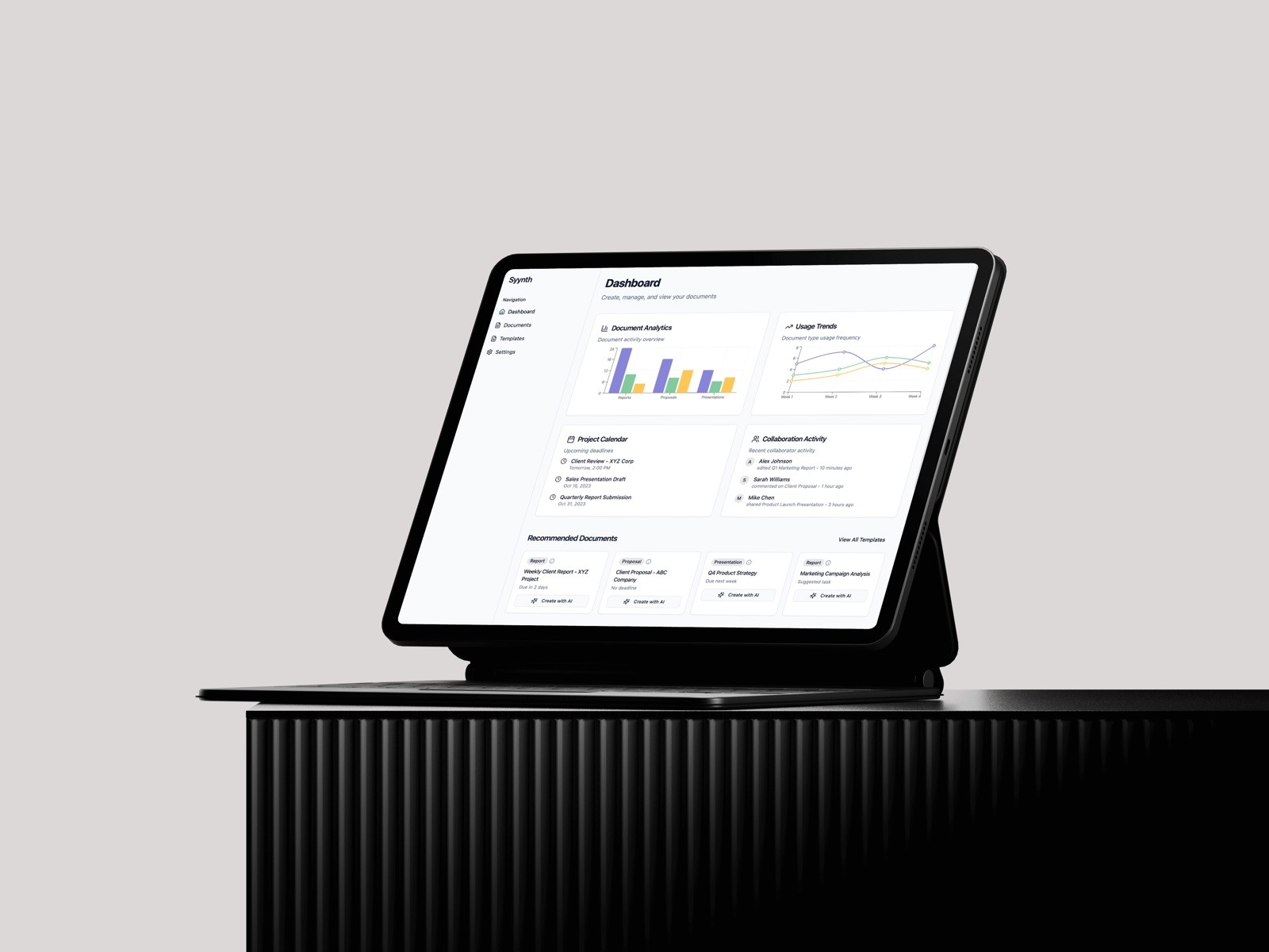 Syynth dashboard with charts on a tablet standing on a keyboard case