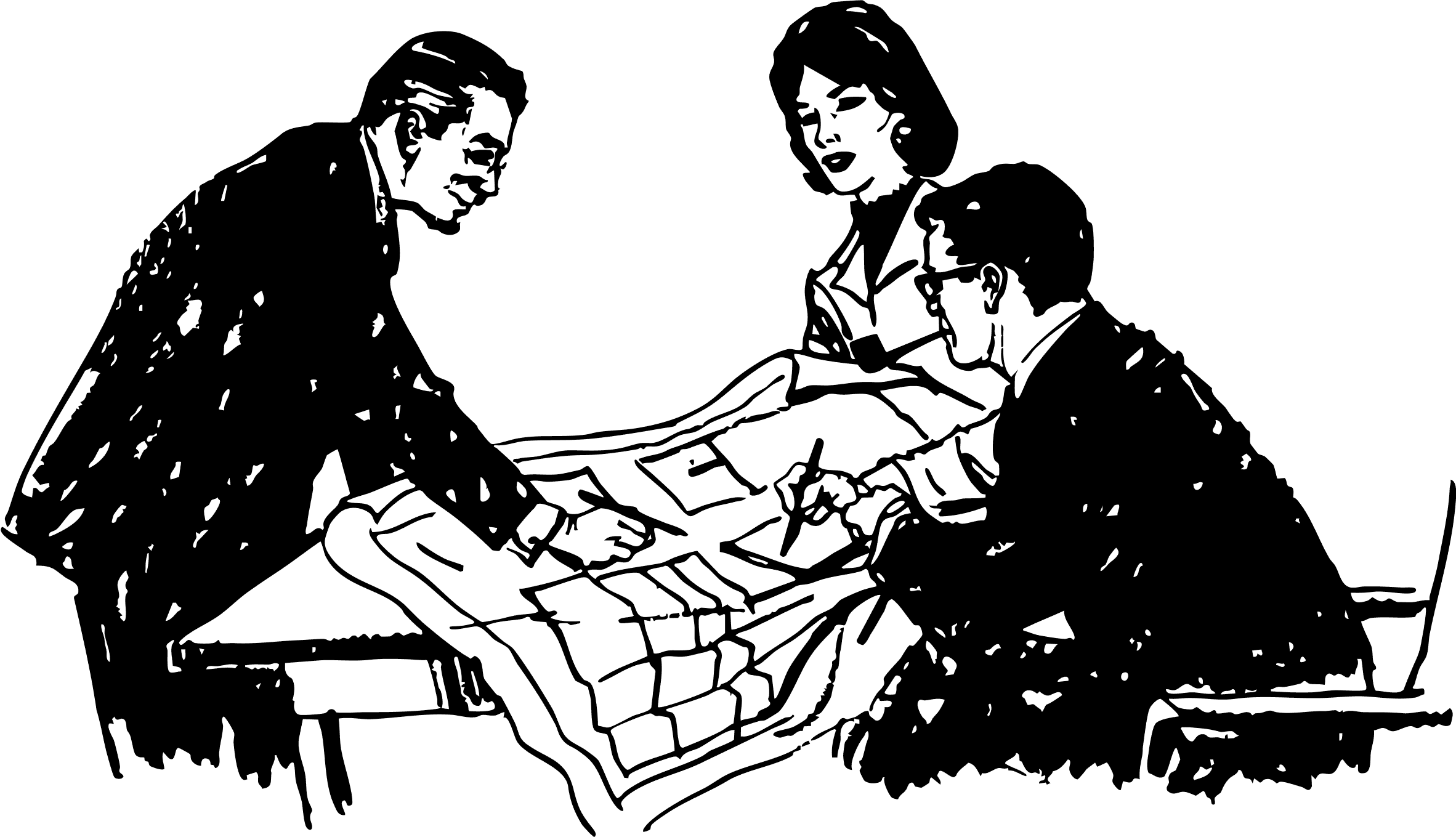 Three people sketching out plans in a meeting room