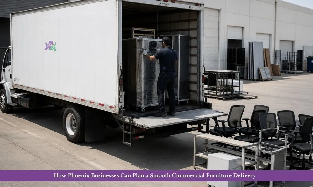 A worker loading office equipment into a white truck for a Phoenix furniture delivery service