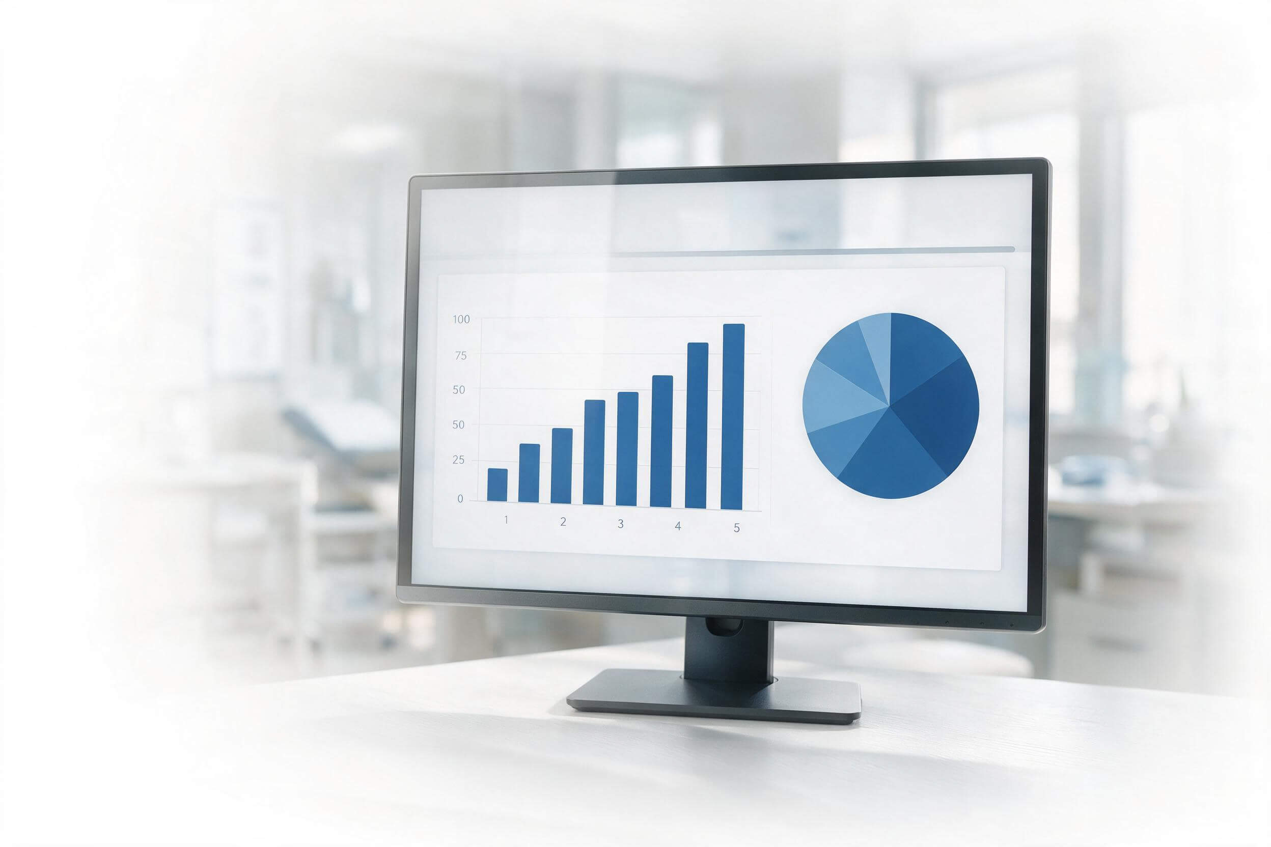 Monitor afișând un grafic cu bare și un grafic circular în nuanțe de albastru, într-un cabinet medical modern, reprezentând rapoartele și statisticile centralizate în Evolvo.
