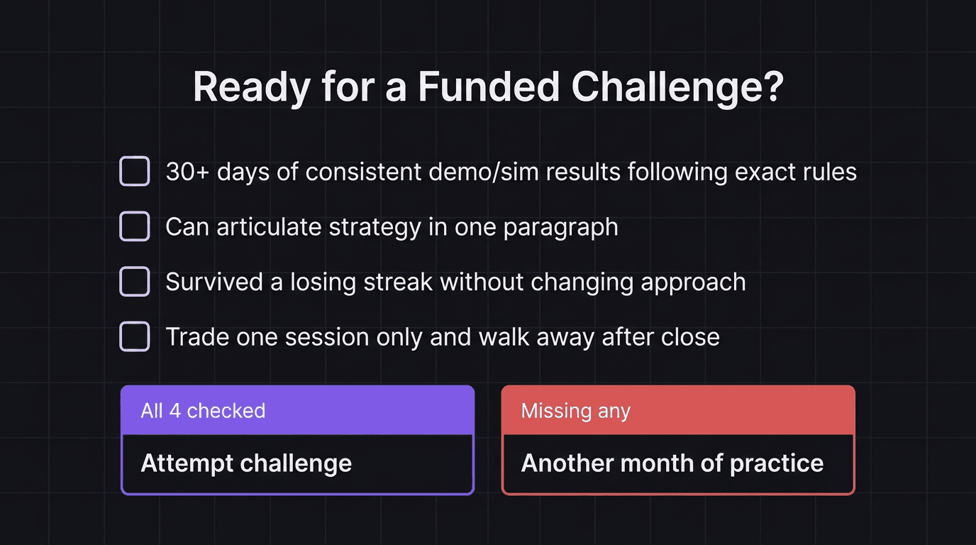 Checklist diagram showing four readiness criteria for attempting a funded challenge