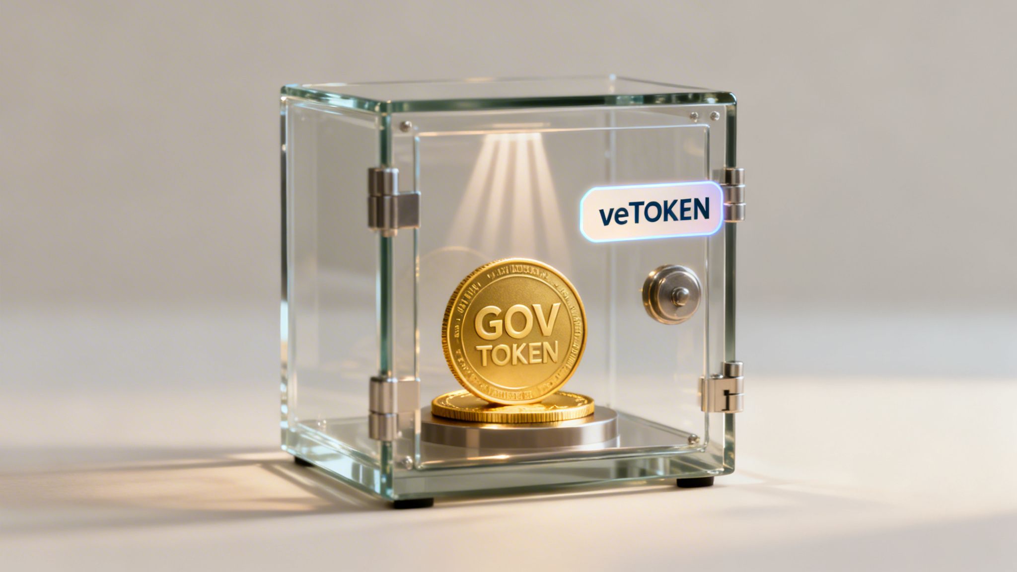 A clear glass display case holds golden 'GOV TOKEN' coins, illuminated with a 'veTOKEN' label.