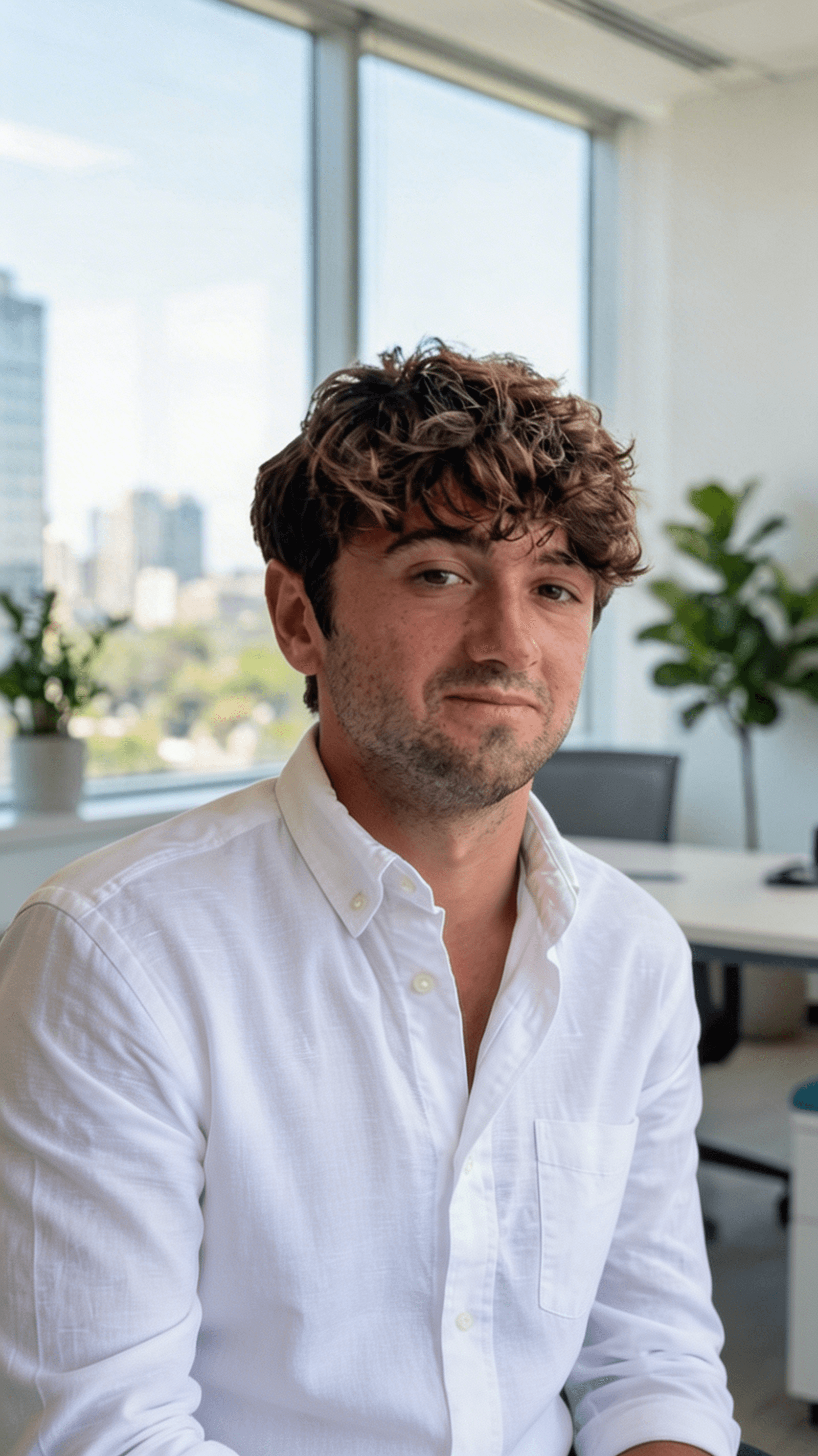Woman in white breezy shirt.