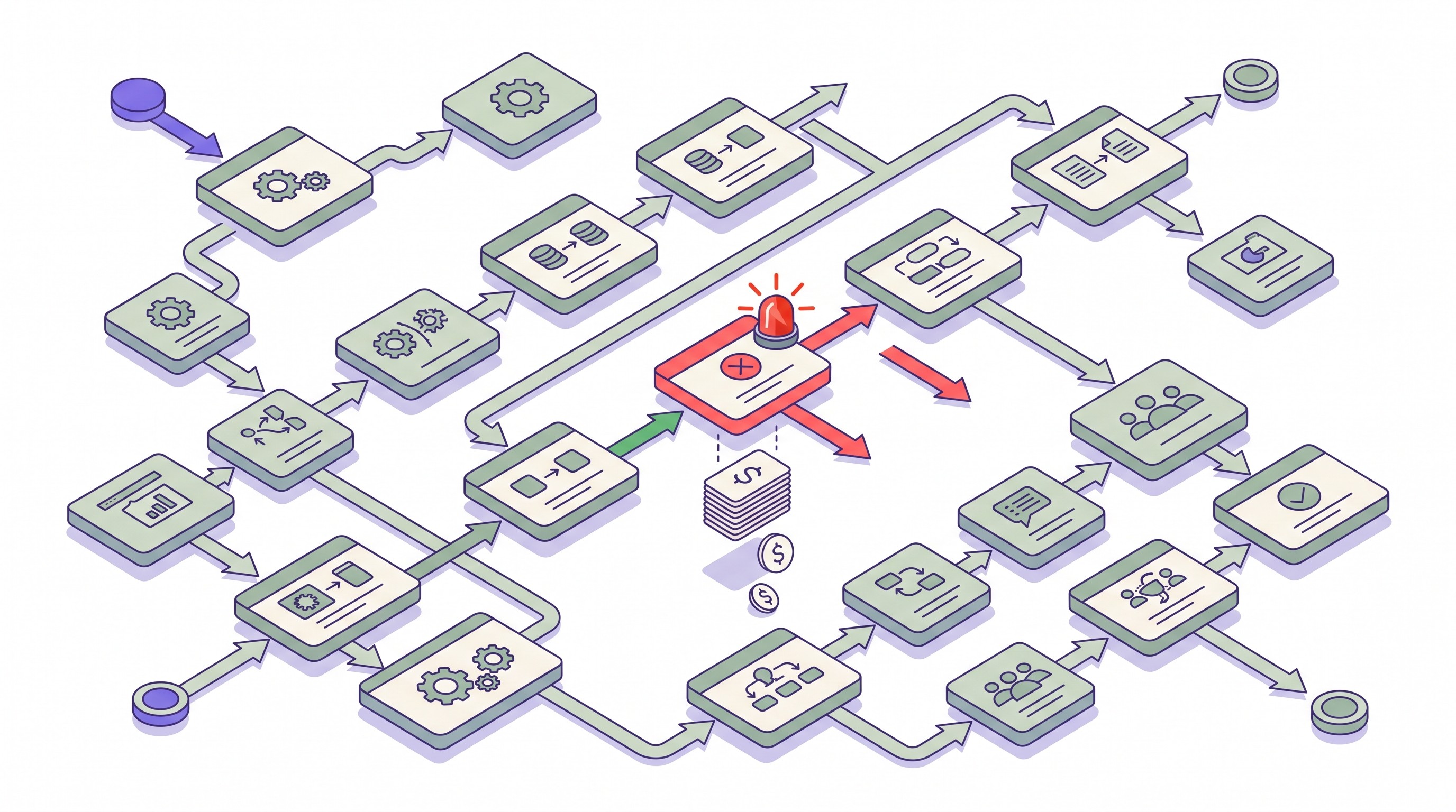 Isometric illustration of a workflow diagram with connected process boxes, one middle box highlighted with a red warning indicator and a small stack of dollar signs below it