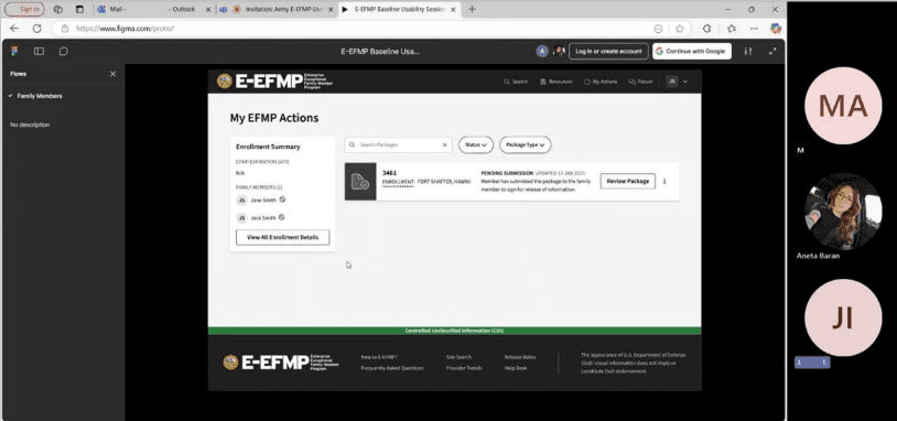 A screenshot of three people on a video call looking at a Figma prototype