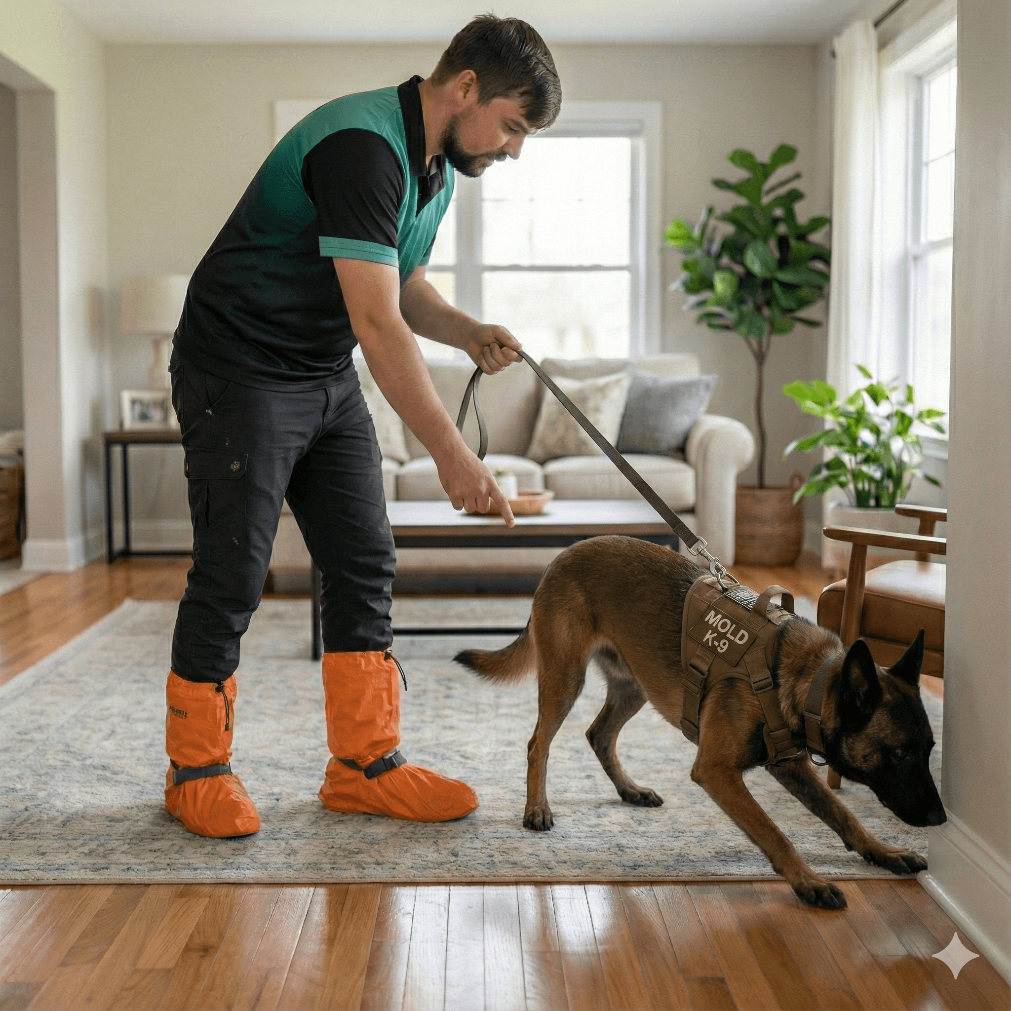 Mold dog and trainer inspecting home