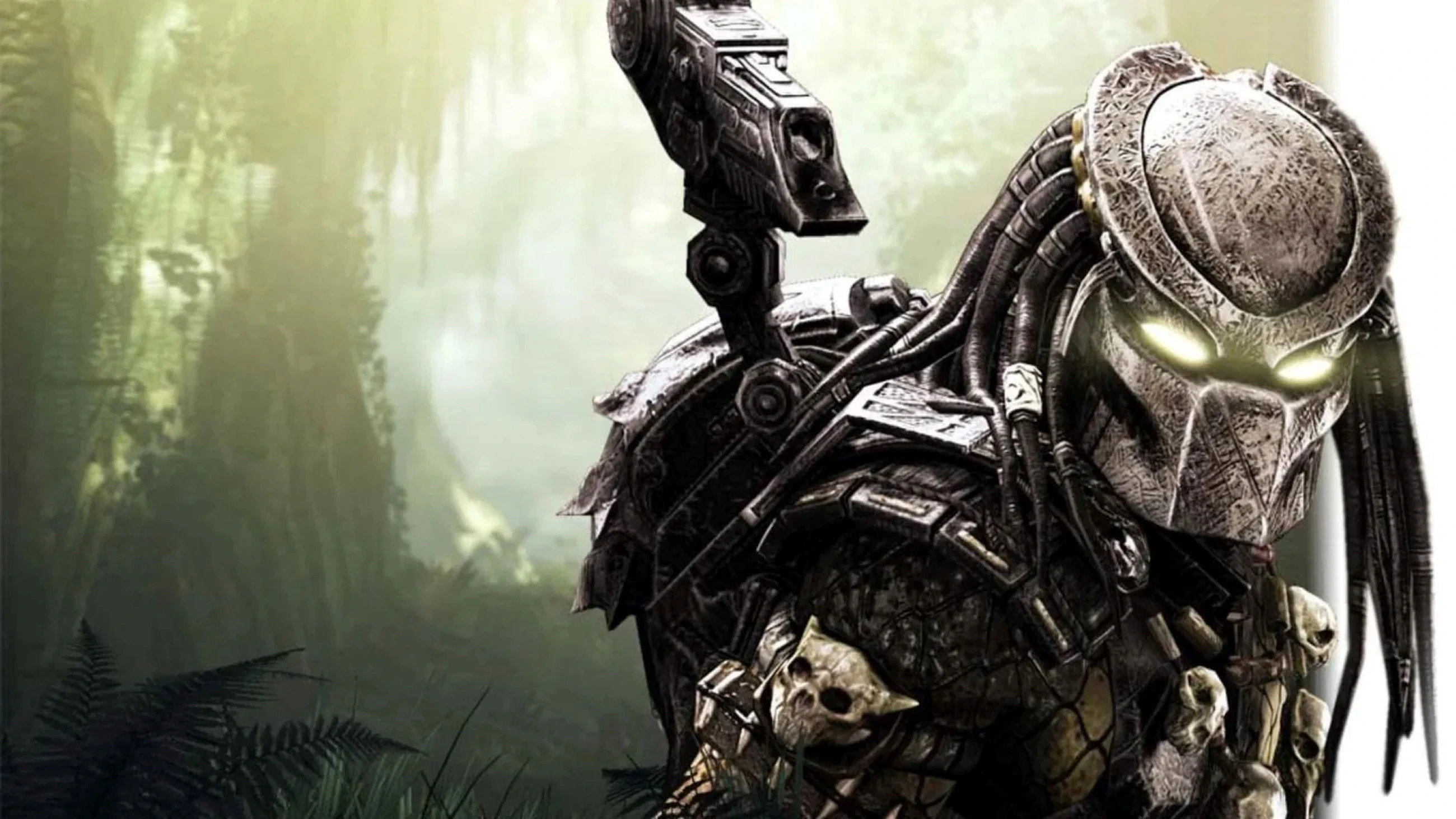 A menacing sci-fi creature with glowing eyes and elaborate armour stands in a dense, foggy forest, capturing an eerie, futuristic atmosphere.