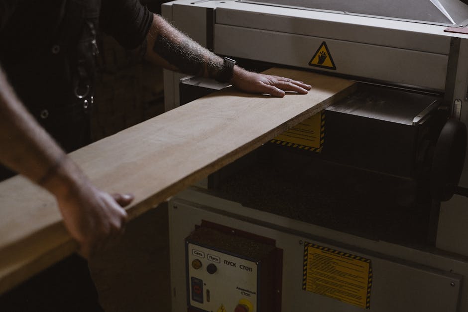 A craftsman skillfully operates a wood planer in a workshop, showcasing precise timber work.